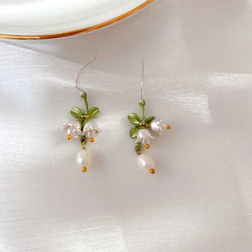 復古法式森系鈴蘭花君影草珍珠手鏈925銀針耳環耳墜無耳洞耳夾女