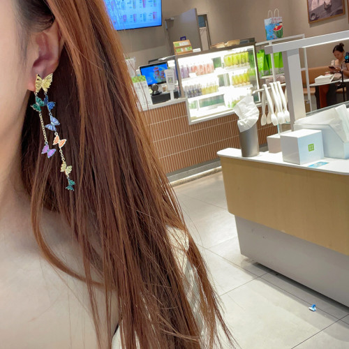 S925銀針彩色蝴蝶流囌耳環長款蝴蝶翩翩微鑲鋯石高品質飾品廠家