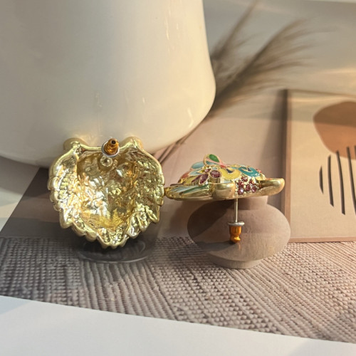 中古素金做舊個性耳釘 歐美宮廷獅子頭彩色琺瑯滴釉925銀針耳環女