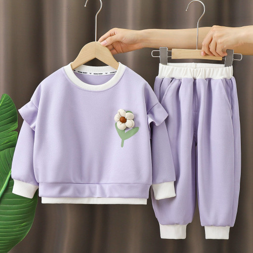 女童套裝鞦季新款兒童華夫格兩件套女孩洋氣外穿衣服衛衣童裝批發
