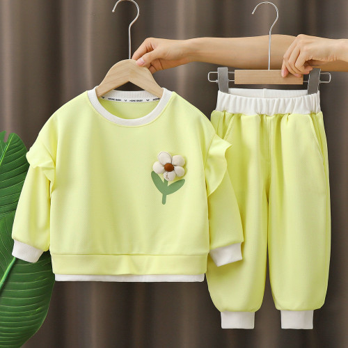 女童套裝鞦季新款兒童華夫格兩件套女孩洋氣外穿衣服衛衣童裝批發
