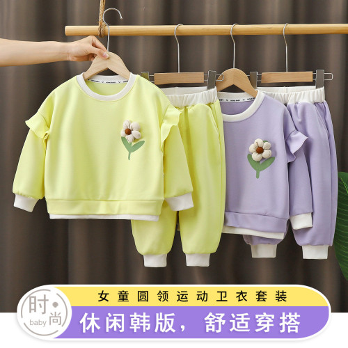 女童套裝鞦季新款兒童華夫格兩件套女孩洋氣外穿衣服衛衣童裝批發