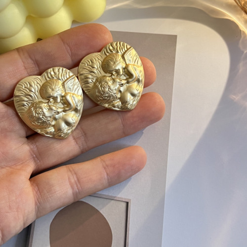 中古素金可愛天使愛心耳釘女 復古宮廷時尚個性925銀針耳環耳飾
