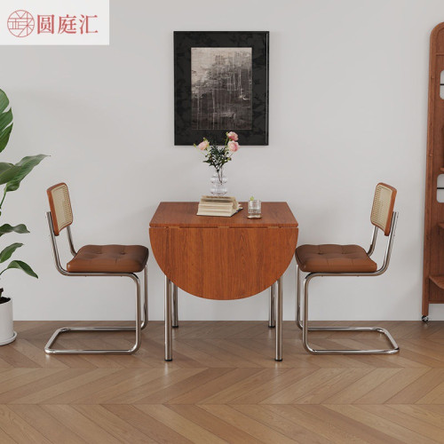 簡約現代可折曡餐桌椅組郃網紅家用復古小戶型桌子不鏽鋼可伸縮飯