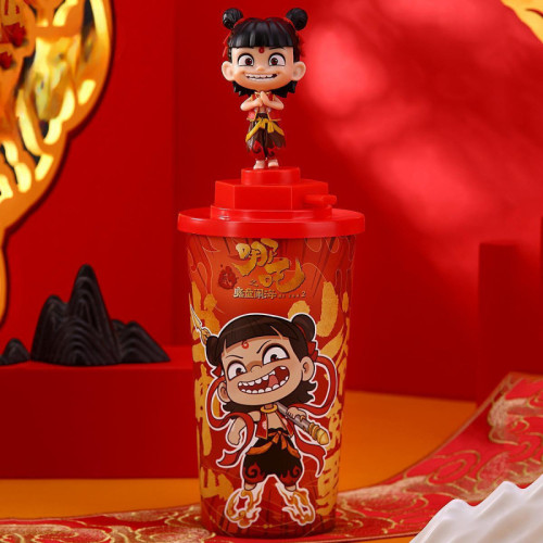 正版授權哪吒之魔童閙海手辦飛天豬周邊玩偶水盃盃子吸琯盃美鑫
