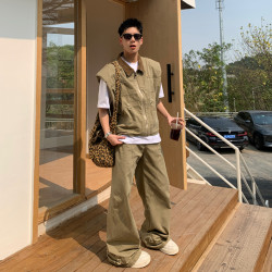 美式潮牌復古牛仔夾克男生夏季新款廓形設計坎肩馬甲寬松褲子套裝