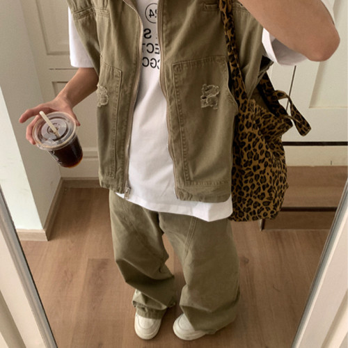 美式潮牌復古牛仔夾克男生夏季新款廓形設計坎肩馬甲寬松褲子套裝