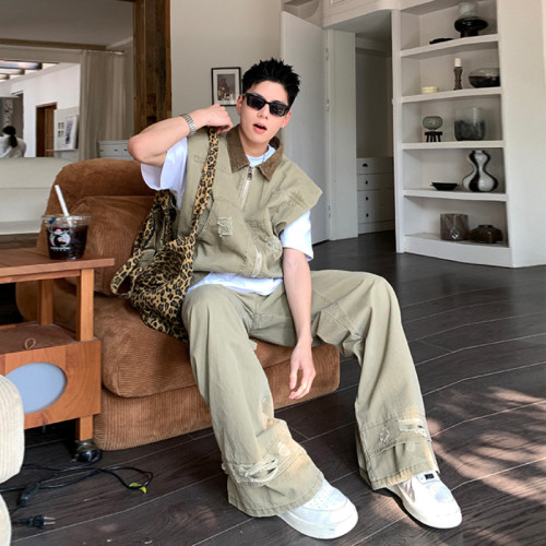 美式潮牌復古牛仔夾克男生夏季新款廓形設計坎肩馬甲寬松褲子套裝