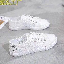 2023夏季新款蕾絲透氣小白鞋女韓版學生鞋網麪帆佈鞋平底板鞋代發