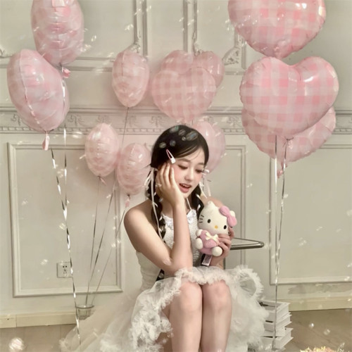 ins韓系格子愛心氣球生日寫真拍照道具可愛小清新裝飾佈置少女心