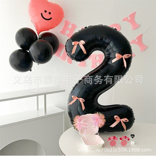 ins黑粉蝴蝶結數字氣球公主粉色絲帶32寸緞帶鋁膜大生日氛圍派對