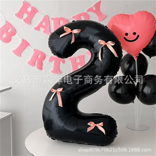 ins黑粉蝴蝶結數字氣球公主粉色絲帶32寸緞帶鋁膜大生日氛圍派對