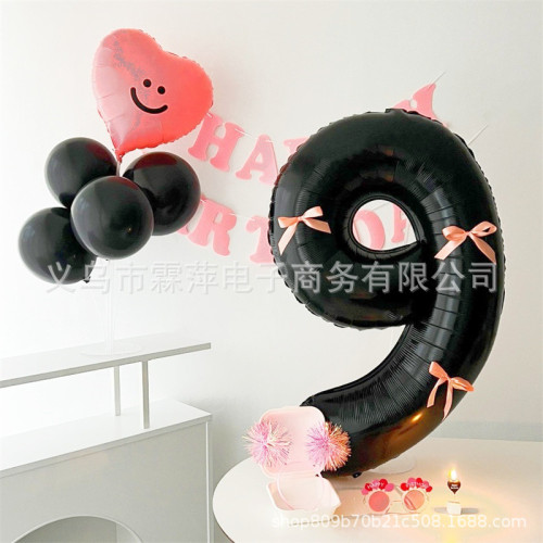 ins黑粉蝴蝶結數字氣球公主粉色絲帶32寸緞帶鋁膜大生日氛圍派對