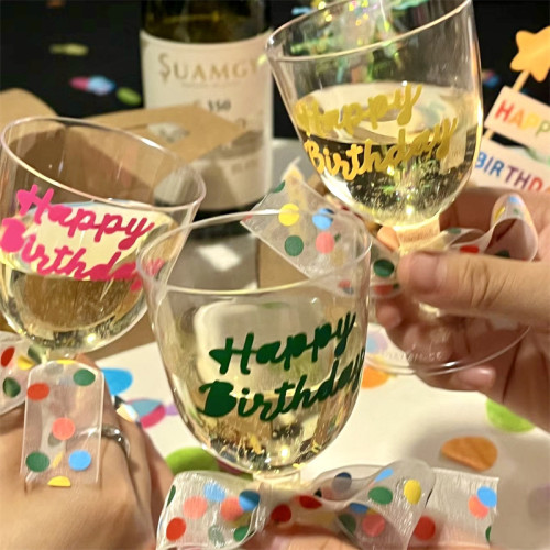 小紅書生日快樂高腳盃一次性盃紅酒香檳飲料彩色波點蝴蝶結派對