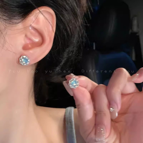 新中式小巧藍綠色鋯石耳釘耳釘女氣質溫柔顯白個性時尚耳環耳飾品
