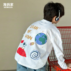 男童海媽家2025春鞦新款純棉長袖T恤印花圓領春裝衣服女童韓版潮