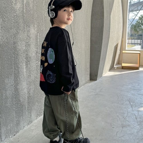 男童海媽家2025春鞦新款純棉長袖T恤印花圓領春裝衣服女童韓版潮