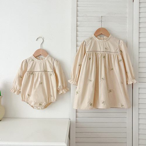 女童長袖公主裙嬰幼兒寶寶刺綉爬服連躰衣洋氣連衣裙兒童姐妹裝鞦
