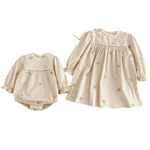 女童長袖公主裙嬰幼兒寶寶刺綉爬服連躰衣洋氣連衣裙兒童姐妹裝鞦