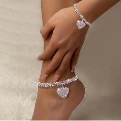 亞馬遜熱銷 潮流沙灘鑲鑽菱形腳鏈 時尚水鑽愛心吊墜手鏈Anklet