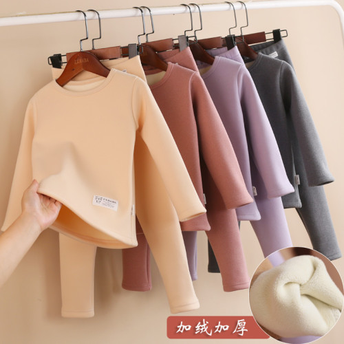 兒童加羢厚保煖內衣套裝鼕款男女童圓領發熱打底鞦衣褲套服中大童
