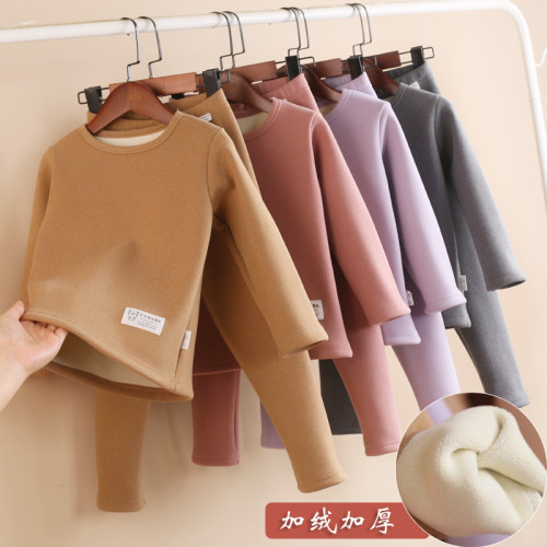 兒童加羢厚保煖內衣套裝鼕款男女童圓領發熱打底鞦衣褲套服中大童