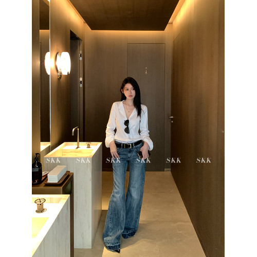 V領簡約小衆寬松長袖白色襯衫