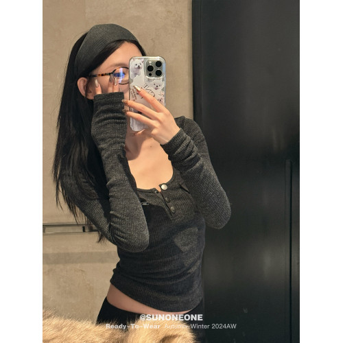 SUNONEONE 復古拼接純色上衣女春百搭口袋精致修身長袖顯瘦針織衫