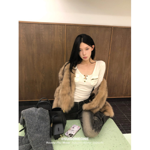 SUNONEONE 復古拼接純色上衣女春百搭口袋精致修身長袖顯瘦針織衫