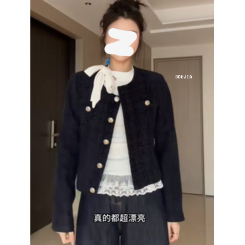 白色蝴蝶結系帶蕾絲花邊拼接針織衫毛衣女春鞦修身內搭打底衫上衣