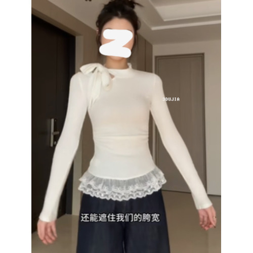 白色蝴蝶結系帶蕾絲花邊拼接針織衫毛衣女春鞦修身內搭打底衫上衣