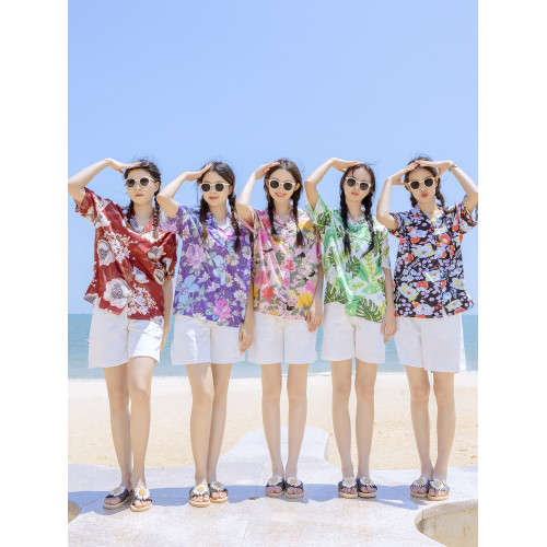 海邊度假印花襯衫夏威夷短袖寬松百搭碎花襯衣女沙灘上衣美式復古
