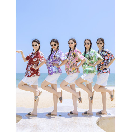 海邊度假印花襯衫夏威夷短袖寬松百搭碎花襯衣女沙灘上衣美式復古