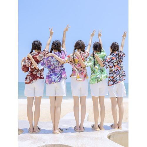 海邊度假印花襯衫夏威夷短袖寬松百搭碎花襯衣女沙灘上衣美式復古