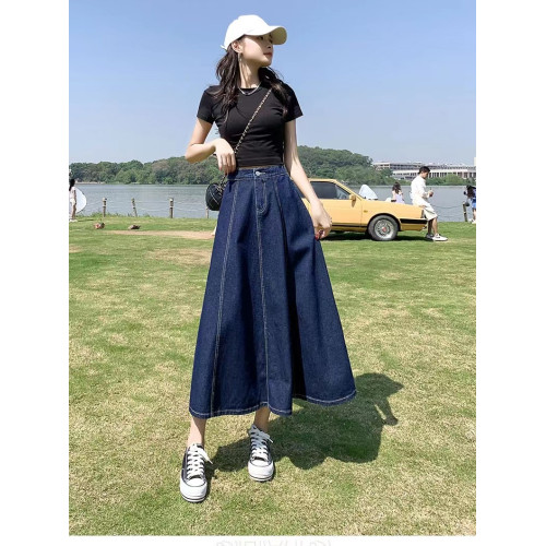 春鞦胖m設計感中長松緊腰牛仔裙
