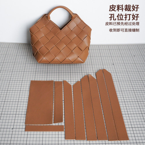 新款網格紋造型女包DIY材料包高級感單肩褶皺PU手工編織包手提包
