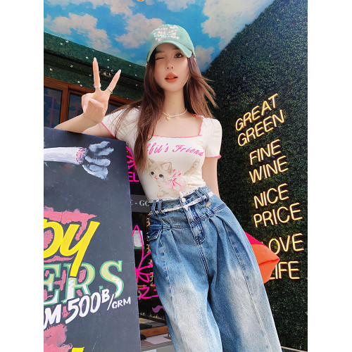 收腰方領小個子修身短袖女夏上衣