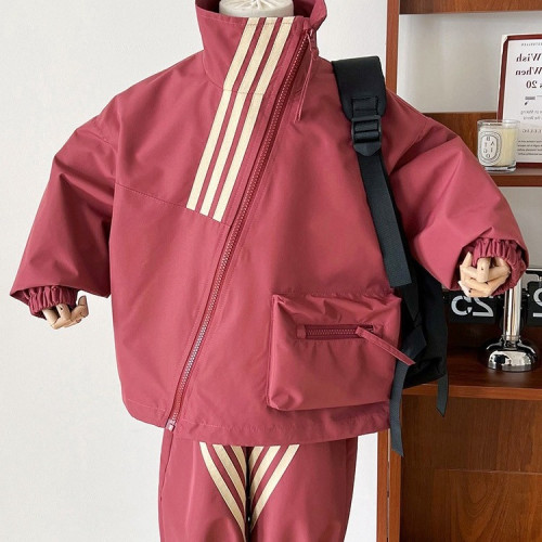 鞦鼕男女童套裝寶寶洋氣兒童個性潮牌韓版運動條紋衛衣外套休閑褲