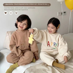 鞦鼕新款加毧加厚兒童睡衣男女童韓版保暖睡衣套裝一件代發童裝