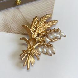 中古素金文藝氣質麥穗淡水珍珠胸針 啞光金復古簡約好搭胸花別針
