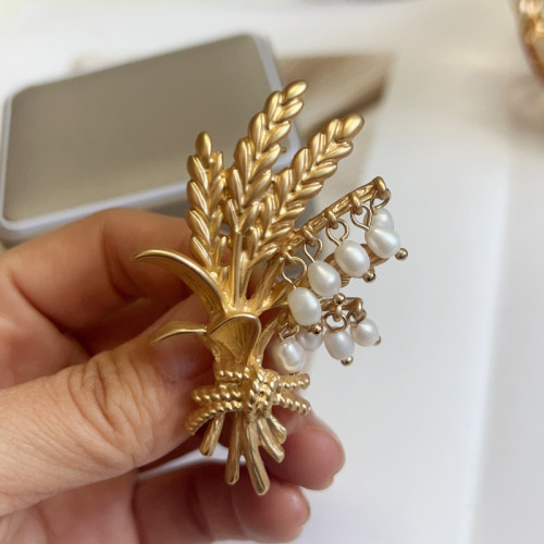 中古素金文藝氣質麥穗淡水珍珠胸針 啞光金復古簡約好搭胸花別針
