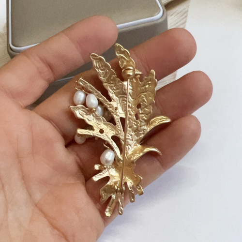 中古素金文藝氣質麥穗淡水珍珠胸針 啞光金復古簡約好搭胸花別針
