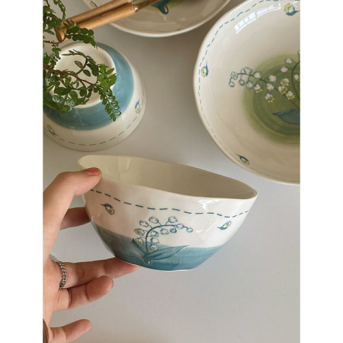 唯美小清新淺綠鈴蘭花碗磐郃集ins風韓式米飯碗菜肴磐喬遷餐具