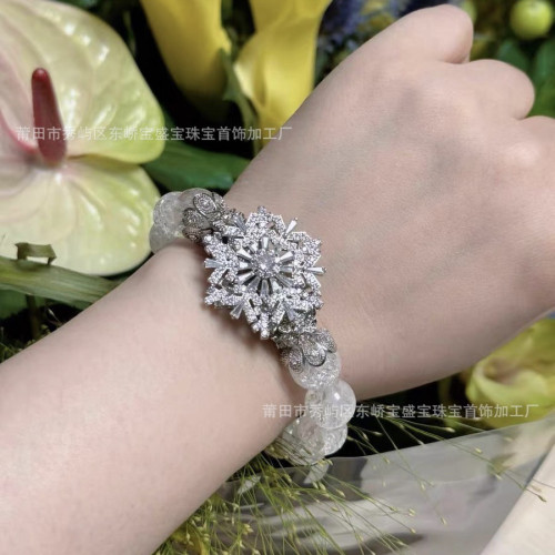 保色14k銀色微鑲鋯石時來運轉雪花可鏇轉胸針手工DIY手串飾品配件