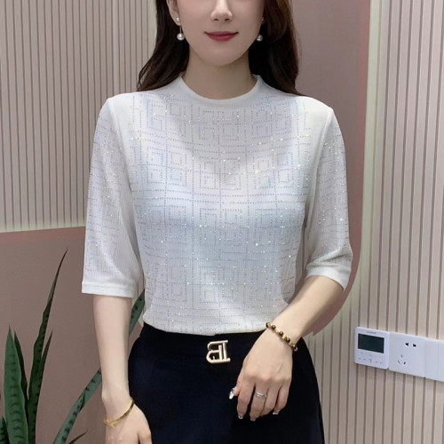 高档打底衫女半高領中袖夏季新款顯瘦洋氣百搭蕾絲遮肉顯瘦媽媽裝