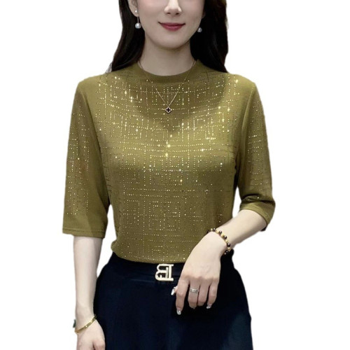 高档打底衫女半高領中袖夏季新款顯瘦洋氣百搭蕾絲遮肉顯瘦媽媽裝