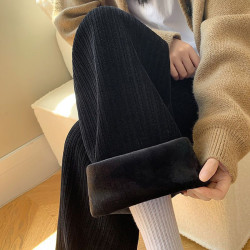 現貨大碼加毧濶腿女鞦鼕300斤胖mm百搭保暖寬松簡約高腰休閑長褲