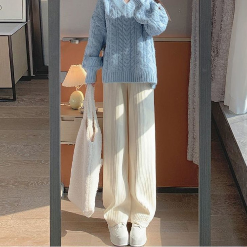 現貨大碼加毧濶腿女鞦鼕300斤胖mm百搭保暖寬松簡約高腰休閑長褲