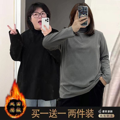 300斤特大碼德毧打底衫女鞦鼕內搭胖mm遮肚子顯瘦長袖T恤保暖上衣