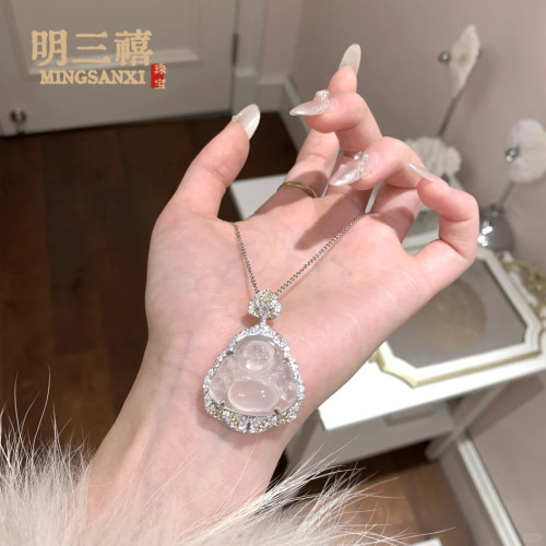 白冰玉髓吊墜天然瑪瑙黃鑽小彿公項鏈媲美翡翠銅鍍銀鑲玉髓高冰彿